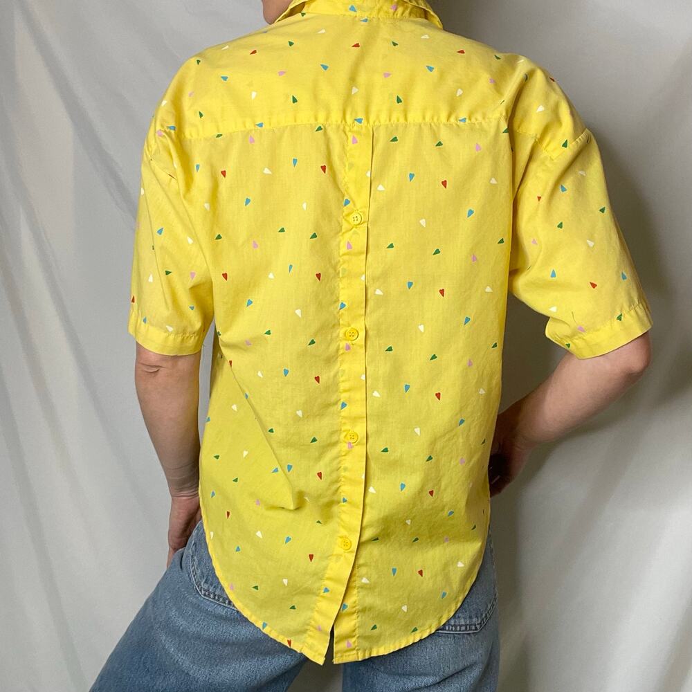Vintage 80s 90s heart print yellow button-down shirt blouse oversized hearts S - Picture 13 of 17